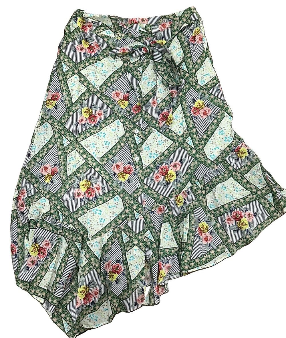 NWT Playa Lucila Floral Patchwork Asymmetric Wrap Skirt Size Small Ruffle Tie